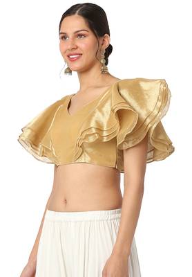 Mmore Women's Gold Organza Tissue Back Open Readymade Saree Blouse 3