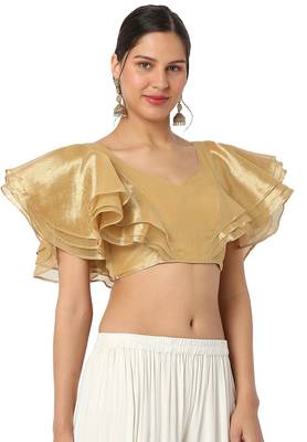 Mmore Women's Gold Organza Tissue Back Open Readymade Saree Blouse 4