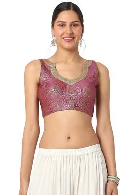 Mmore Women's Pink Brocade Back Open Readymade Saree Blouse 1