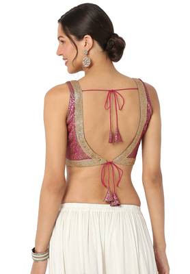 Mmore Women's Pink Brocade Back Open Readymade Saree Blouse 2