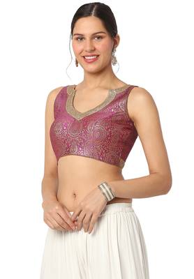 Mmore Women's Pink Brocade Back Open Readymade Saree Blouse 3