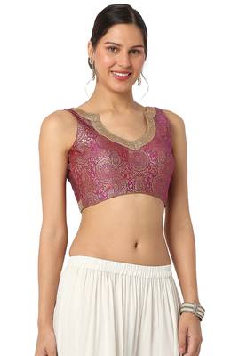 Mmore Women's Pink Brocade Back Open Readymade Saree Blouse 4