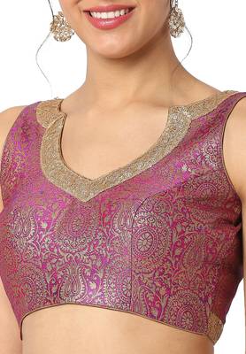 Mmore Women's Pink Brocade Back Open Readymade Saree Blouse 5