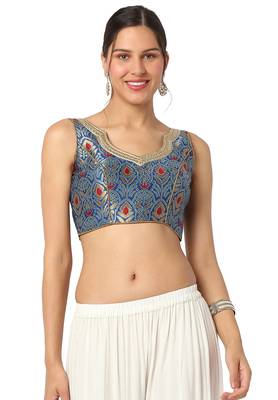 Mmore Women's Blue Brocade Back Open Readymade Saree Blouse 1
