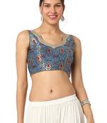 Mmore Women's Blue Brocade Back Open Readymade Saree Blouse