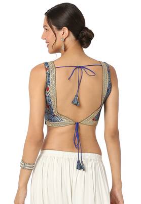Mmore Women's Blue Brocade Back Open Readymade Saree Blouse 2