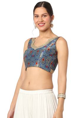 Mmore Women's Blue Brocade Back Open Readymade Saree Blouse 3