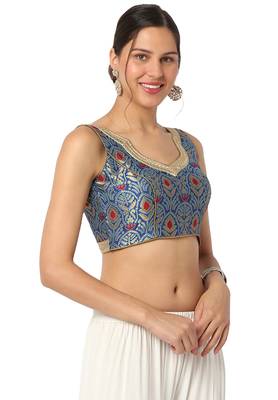 Mmore Women's Blue Brocade Back Open Readymade Saree Blouse 4