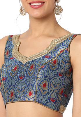 Mmore Women's Blue Brocade Back Open Readymade Saree Blouse 5