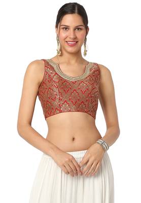 Mmore Women's Red Brocade Back Open Readymade Saree Blouse 1