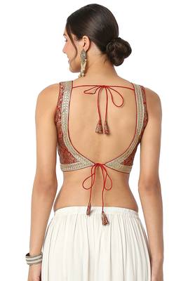 Mmore Women's Red Brocade Back Open Readymade Saree Blouse 2
