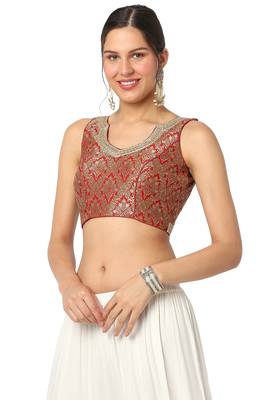 Mmore Women's Red Brocade Back Open Readymade Saree Blouse 3