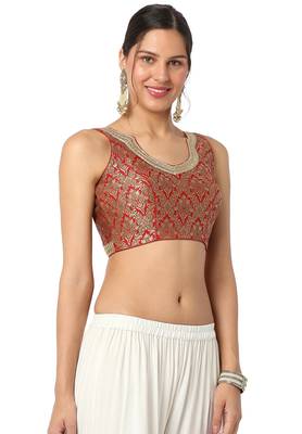 Mmore Women's Red Brocade Back Open Readymade Saree Blouse 4