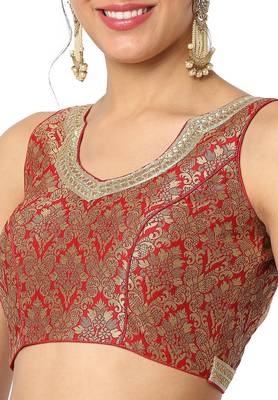 Mmore Women's Red Brocade Back Open Readymade Saree Blouse 5