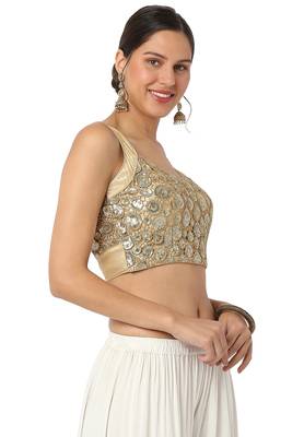 Mmore Women's Gold Net Back Open Readymade Saree Blouse 4