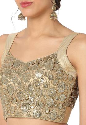Mmore Women's Gold Net Back Open Readymade Saree Blouse 5