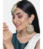 Gold Plated Traditional Big Kundan & Pearl Chandbali Earrings with Maang Tikka Set for Women/Girls 