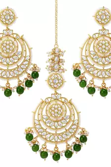 Gold Plated Traditional Big Kundan & Pearl Chandbali Earrings with Maang Tikka Set for Women/Girls 