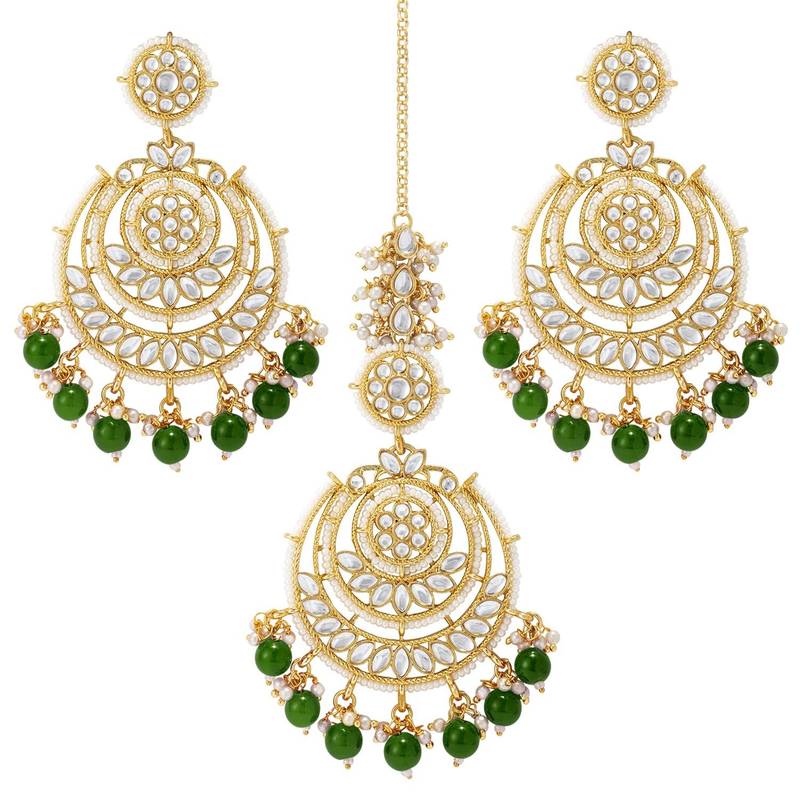 Gold Plated Traditional Big Kundan & Pearl Chandbali Earrings with Maang Tikka Set for Women/Girls 