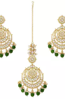 Gold Plated Traditional Big Kundan & Pearl Chandbali Earrings with Maang Tikka Set for Women/Girls 