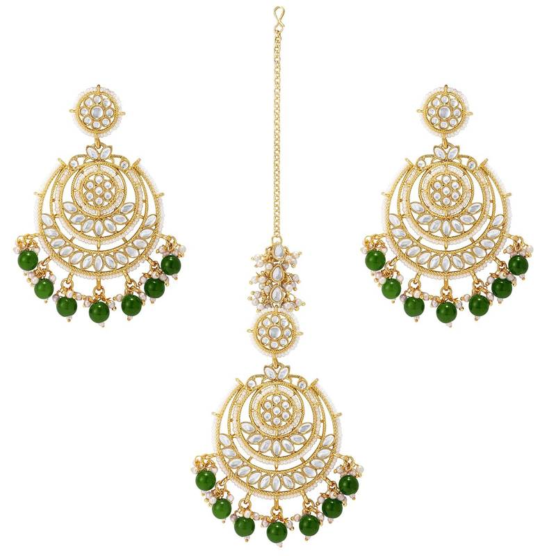 Gold Plated Traditional Big Kundan & Pearl Chandbali Earrings with Maang Tikka Set for Women/Girls 