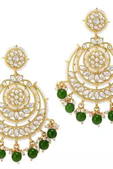 Gold Plated Traditional Big Kundan & Pearl Chandbali Earrings with Maang Tikka Set for Women/Girls 