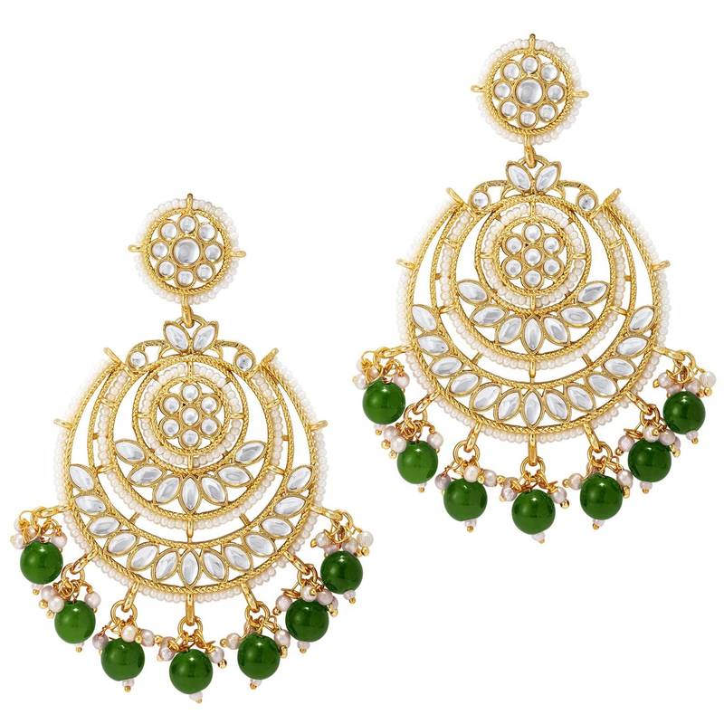 Gold Plated Traditional Big Kundan & Pearl Chandbali Earrings with Maang Tikka Set for Women/Girls 