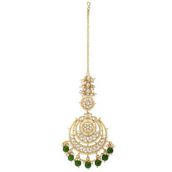 Gold Plated Traditional Big Kundan & Pearl Chandbali Earrings with Maang Tikka Set for Women/Girls  5