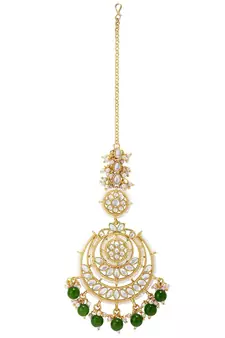 Gold Plated Traditional Big Kundan & Pearl Chandbali Earrings with Maang Tikka Set for Women/Girls 