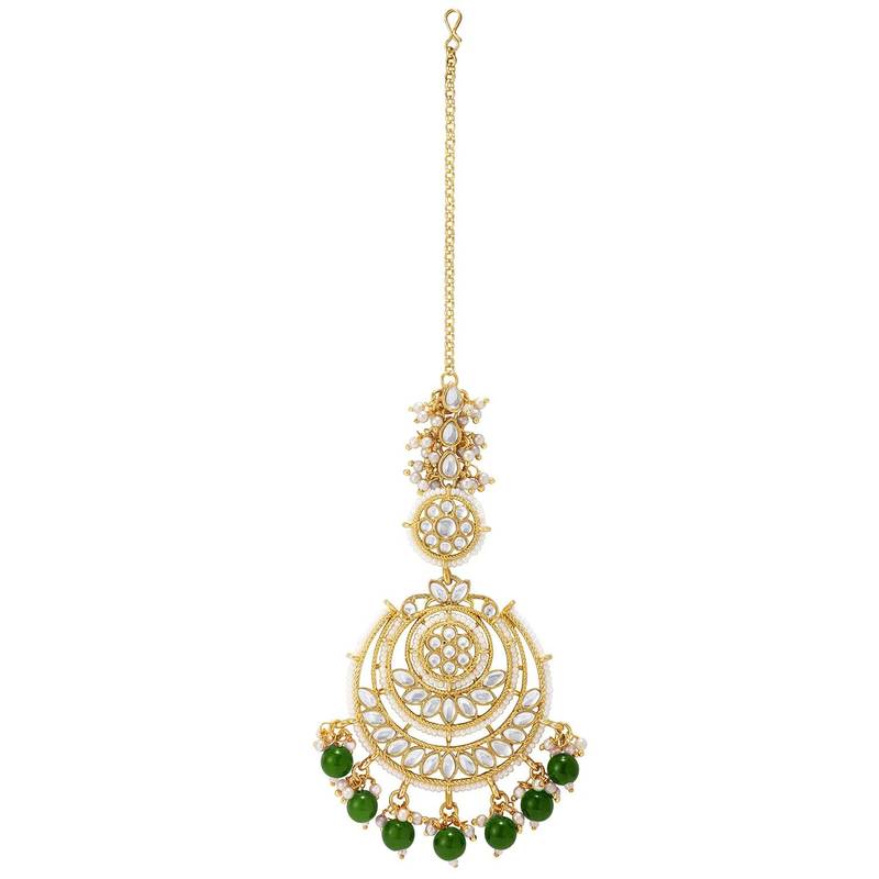 Gold Plated Traditional Big Kundan & Pearl Chandbali Earrings with Maang Tikka Set for Women/Girls 