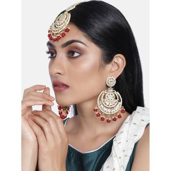Gold Plated Traditional Big Kundan & Pearl Chandbali Earrings with Maang Tikka Set for Women/Girls  1