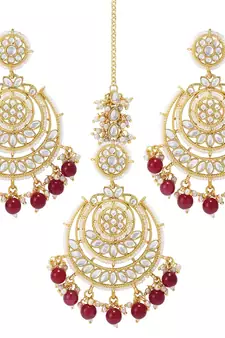 Gold Plated Traditional Big Kundan & Pearl Chandbali Earrings with Maang Tikka Set for Women/Girls 