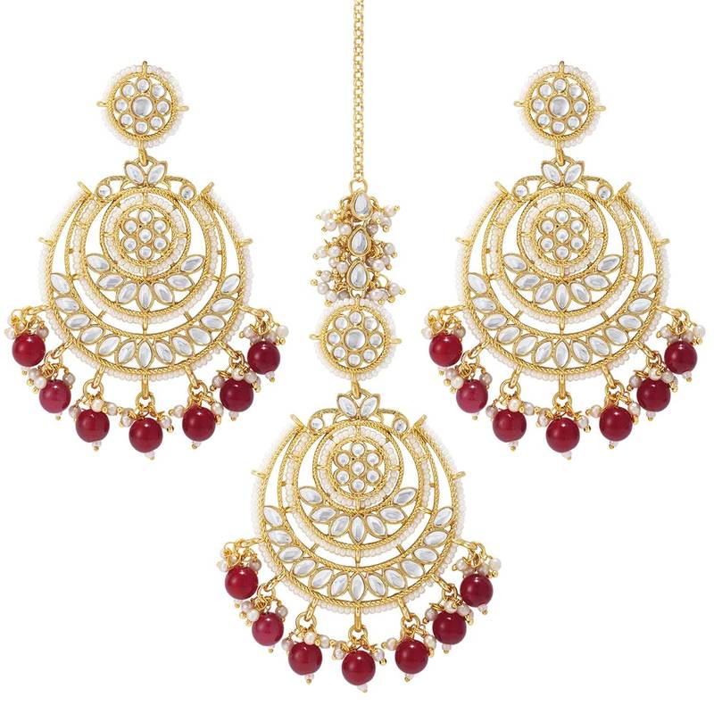 Gold Plated Traditional Big Kundan & Pearl Chandbali Earrings with Maang Tikka Set for Women/Girls 