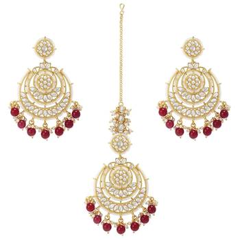 Gold Plated Traditional Big Kundan & Pearl Chandbali Earrings with Maang Tikka Set for Women/Girls  3