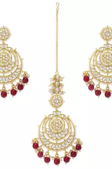 Gold Plated Traditional Big Kundan & Pearl Chandbali Earrings with Maang Tikka Set for Women/Girls 