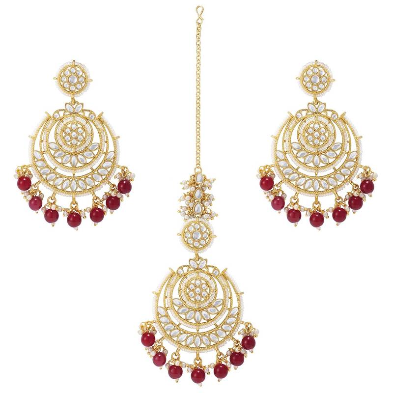 Gold Plated Traditional Big Kundan & Pearl Chandbali Earrings with Maang Tikka Set for Women/Girls 