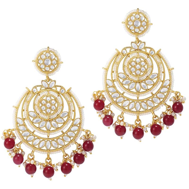 Gold Plated Traditional Big Kundan & Pearl Chandbali Earrings with Maang Tikka Set for Women/Girls 