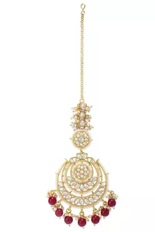 Gold Plated Traditional Big Kundan & Pearl Chandbali Earrings with Maang Tikka Set for Women/Girls 
