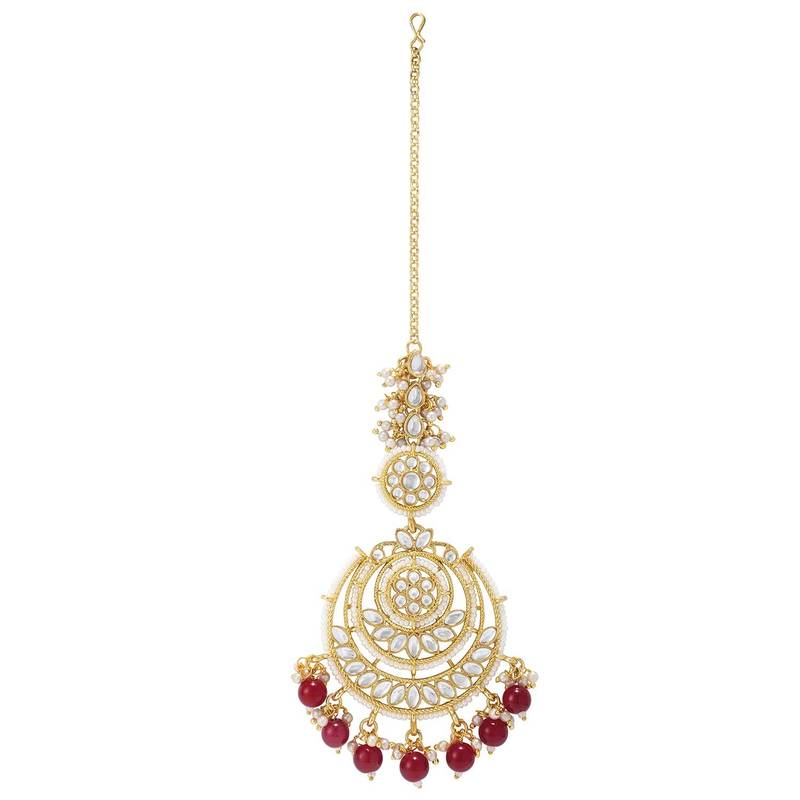 Gold Plated Traditional Big Kundan & Pearl Chandbali Earrings with Maang Tikka Set for Women/Girls 