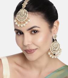 Gold Plated Traditional Big Kundan & Pearl Chandbali Earrings with Maang Tikka Set for Women/Girls 