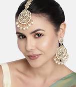 Gold Plated Traditional Big Kundan & Pearl Chandbali Earrings with Maang Tikka Set for Women/Girls 
