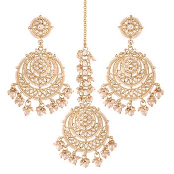 Gold Plated Traditional Big Kundan & Pearl Chandbali Earrings with Maang Tikka Set for Women/Girls  2