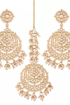 Gold Plated Traditional Big Kundan & Pearl Chandbali Earrings with Maang Tikka Set for Women/Girls 