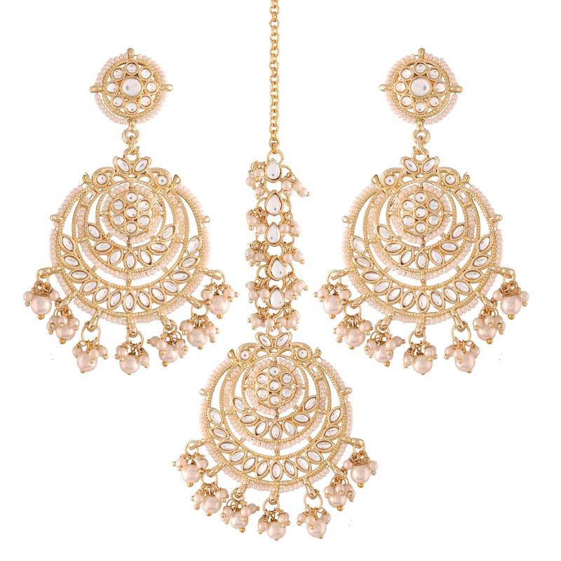 Gold Plated Traditional Big Kundan & Pearl Chandbali Earrings with Maang Tikka Set for Women/Girls 