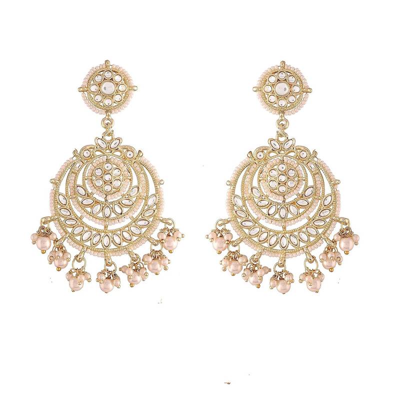 Gold Plated Traditional Big Kundan & Pearl Chandbali Earrings with Maang Tikka Set for Women/Girls 