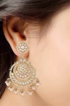 Gold Plated Traditional Big Kundan & Pearl Chandbali Earrings with Maang Tikka Set for Women/Girls 