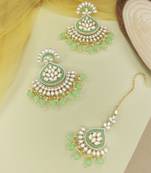 Gold Plated Traditional Kundan & Pearl Chandbali Earrings with Maang Tikka Set for Women/Girls 