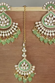 Gold Plated Traditional Kundan & Pearl Chandbali Earrings with Maang Tikka Set for Women/Girls 