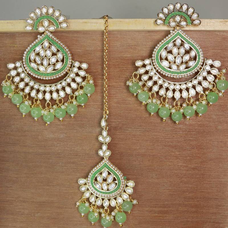 Gold Plated Traditional Kundan & Pearl Chandbali Earrings with Maang Tikka Set for Women/Girls 