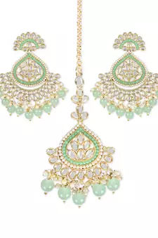 Gold Plated Traditional Kundan & Pearl Chandbali Earrings with Maang Tikka Set for Women/Girls 